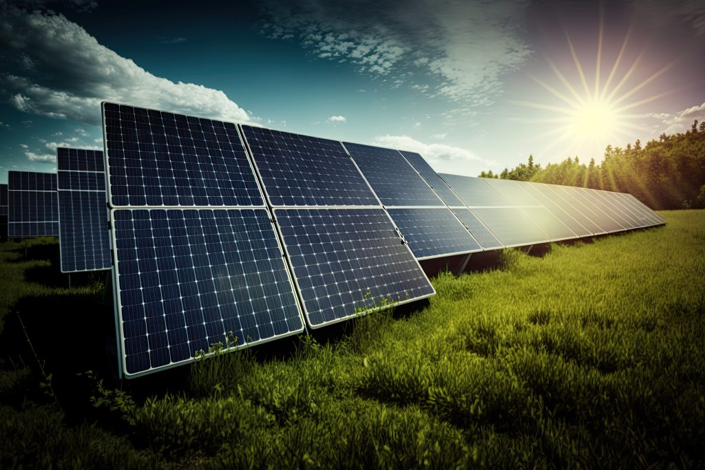 Ground mounted solar panels with sun shining in the background